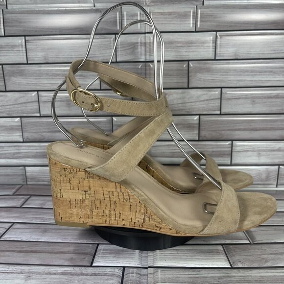 Stuart Weitzman Ave 75 Beige Suede Strappy Wedge Sandals Sandlewood Size 10-NEW - Picture 1 of 8